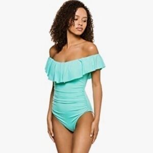 LA BLANCA Aquamarine Island Goddess Off Shoulder Ruffle One Piece Swimsuit